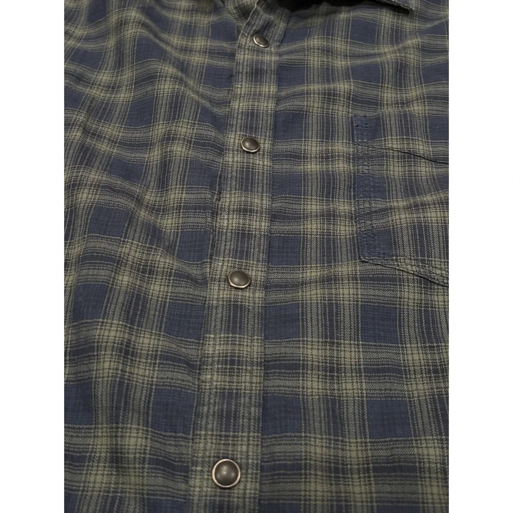 Banana Republic Shirt Mens XL Tailored Slim Fit Green Blue Plaid Pearl Snap